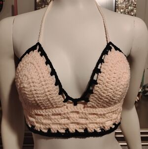Crochet Halter Top in Cream and Black